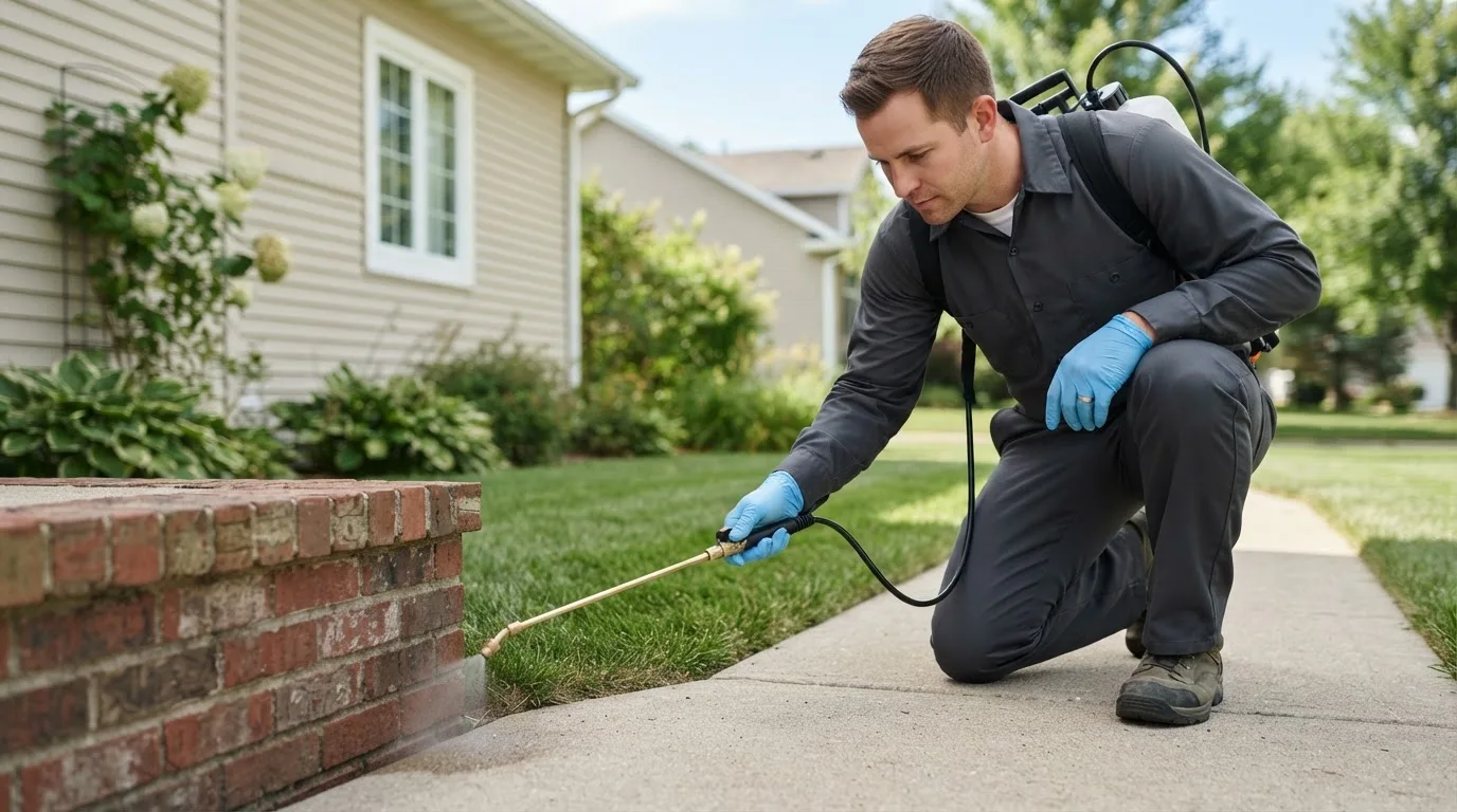 Pest control technician treating a home near Arnold, KS