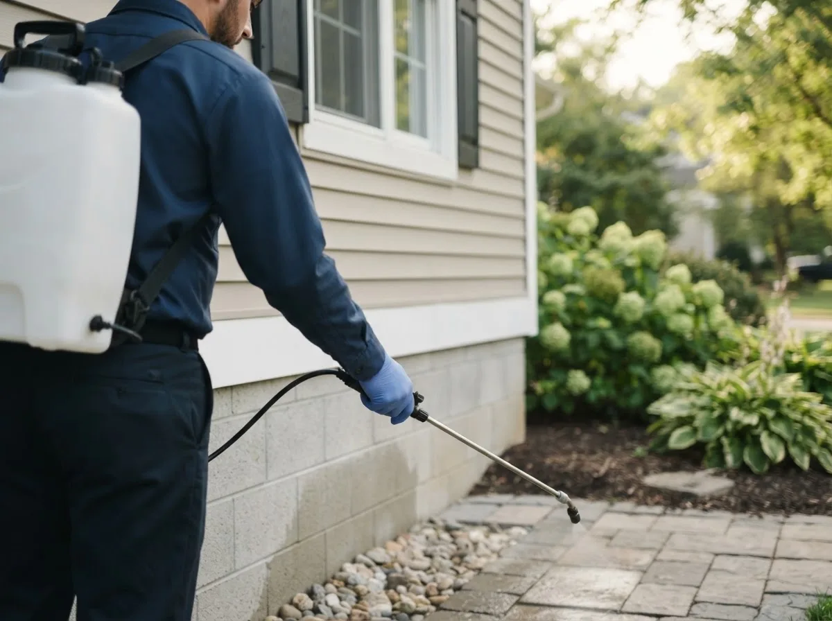 Pest control technician inspecting a home in Arnold, KS